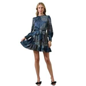 Sugarlips Geometric Sevilla Satin Ruffle Dress Size XLARGE Navy Wedding Guest